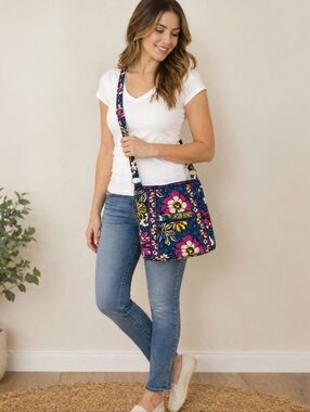Vera Bradley Quilted Crossbody Bag Floral Blue Pink Adjustable Strap